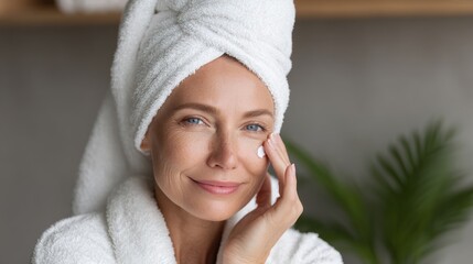 Woman with Towel on Head Applying Skincare Cream in Spa or Bathroom Setting