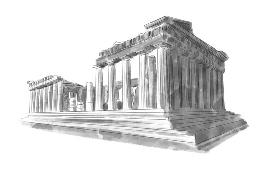 Illustration en noir et blanc du Parth&eacute;non sur l'Acropole &agrave; Ath&egrave;nes
