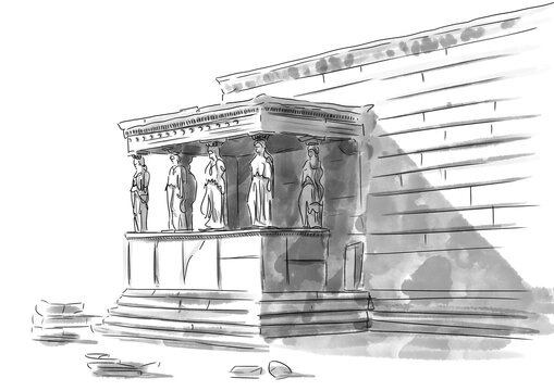 Illustration en noir et blanc d'un moment arch&eacute;ologique sur l'Acropole d'Ath&egrave;nes 