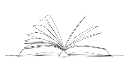 Minimalist line art drawing of an open book with fanned pages, symbolizing knowledge, learning, and storytelling.