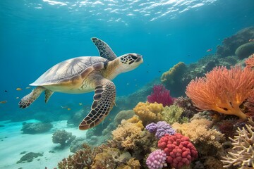 Obraz premium Sea turtle splashes on the seabed with corals 