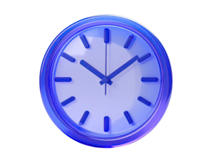 A vibrant blue wall clock, showing a specific time
