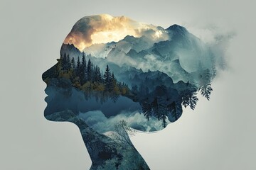 Woman's profile, mountain landscape within