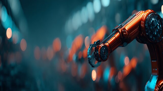 A sleek, metallic robotic arm extends into view, showcasing advanced engineering and automation against a blurred, vibrant industrial backdrop, evoking a sense of futuristic precision.
