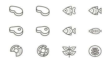 Illustration of various food icons including meat cuts fish donuts and plant based food in a simple line art style