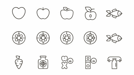 Line art illustration of heart, apples, fish, flowers in circles, carrot, pills, and milk bottle icons