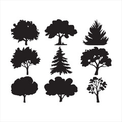 Pine tree silhouettes. Evergreen forest firs and spruces black shapes, wild nature trees templates. Vector illustration woodland trees set on white background