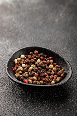 Peppers peas seasoning mix spices types of peas white, black, green, pink spices tasty snack fresh delicious gourmet food background on the table rustic top view copy space