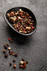 Peppers peas seasoning mix spices types of peas white, black, green, pink spices tasty snack fresh delicious gourmet food background on the table rustic top view copy space