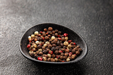 Peppers peas seasoning mix spices types of peas white, black, green, pink spices tasty snack fresh delicious gourmet food background on the table rustic top view copy space