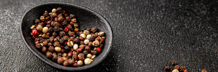 Peppers peas seasoning mix spices types of peas white, black, green, pink spices tasty snack fresh delicious gourmet food background on the table rustic top view copy space