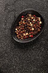 Peppers peas seasoning mix spices types of peas white, black, green, pink spices tasty snack fresh delicious gourmet food background on the table rustic top view copy space