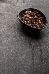 Peppers peas seasoning mix spices types of peas white, black, green, pink spices tasty snack fresh delicious gourmet food background on the table rustic top view copy space