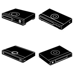 Obraz premium Isometric view of four black dvd players with circular designs on top and various ports displayed