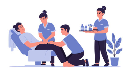 Caring medical professionals attend to a patient in a hospital bed while another nurse brings a tray of medical supplies and medication