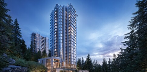 With its glass exterior and stylish design, this modern residential high-rise features rooftop amenities, a city view, and trees surrounding the building, looking like new construction in an urban