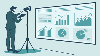 Businessman presenting data on a large screen with charts and graphs using a tablet and a light.
