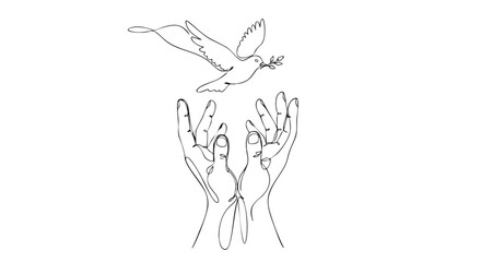 Continuous line drawing of hands releasing a dove with an olive branch, symbolizing peace, hope, and freedom.