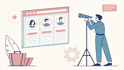 Person using a telescope to review online profiles recruitment job search candidate selection talent acquisition human resources employee screening online application digital profile modern technolog.