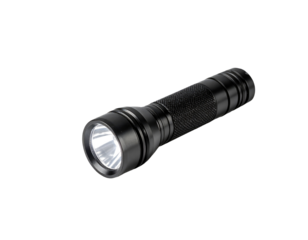 Black handheld flashlight, cylindrical body, focused beam