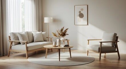 Fototapeta premium Modern Scandinavian Living Room with Natural Light and Minimalist Decor png clear alpha channel cutout isolated on transparent background