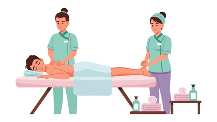 Fototapeta premium Two professional masseuses providing a relaxing full body massage to a male client lying on a massage table in a spa setting