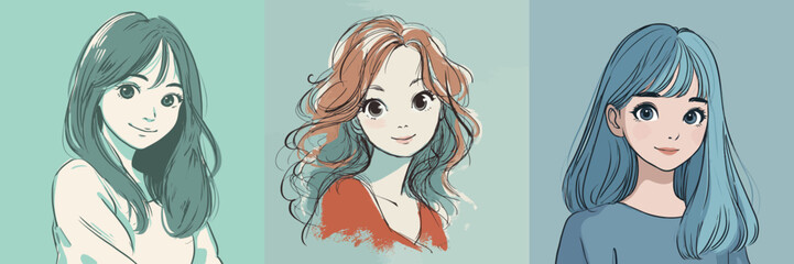 Three stylized portraits feature women with different hair colors and styles, set against soft green backgrounds. Each character exudes a unique personality through their appearance.