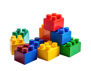Fototapeta premium Colorful plastic building blocks in a pyramid and scattered arrangement