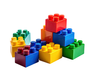 Colorful plastic building blocks in a pyramid and scattered arrangement