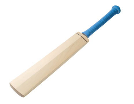 A light-colored wooden cricket bat with a light-blue handle