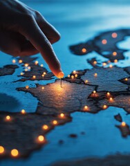 Key geographic areas are chosen by an expert, a digital map displays global connections, and a hand is used to highlight important map locations, all in support of a global marketing strategy that