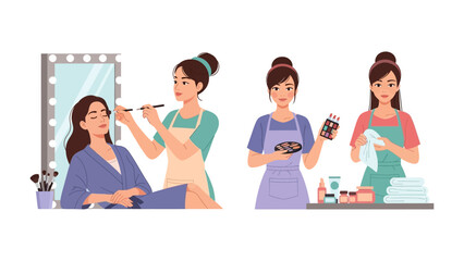 Diverse makeup artists skillfully applying cosmetics to a client and preparing beauty products in a professional salon setting with a vanity mirror