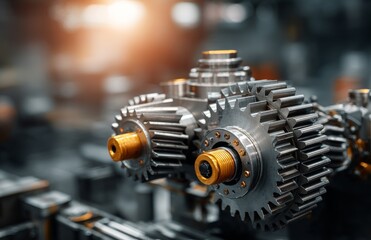 Fototapeta premium A detailed view of a dismantled automatic car transmission gear component on a workbench reveals a complex industrial mechanism during a maintenance repair service at a garage factory, showcasing