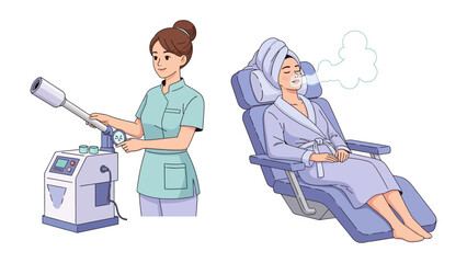 Skilled esthetician administering facial steaming treatment to relaxed client in comfortable spa chair