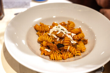 Fusilli with eggplant and cheese on a white plate