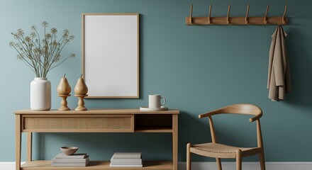 Minimalist Scandinavian Entryway with Oak Console Table, Chair, and Mockup Frame png clear alpha channel cutout isolated on transparent background
