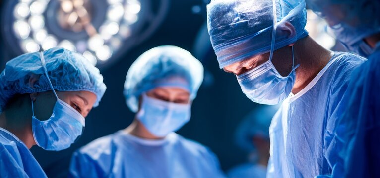 Under the operating room lighting, a blue-uniformed surgeon carries out microsurgery, leveraging cutting-edge technology and medical equipment for surgical procedures including eye, brain, and