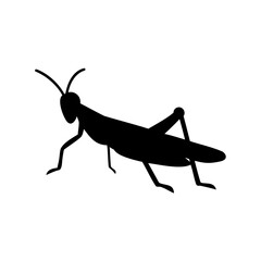 A simple black silhouette illustration of a grasshopper against a white background