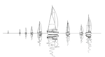 Line drawing of sailboats on water with reflections.