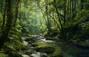 Fototapeta premium A pristine and untouched prehistoric jungle with lush green tropical surroundings, comprising a diverse forest landscape of water, trees, fog, plants, rocks, palms, and sunlight