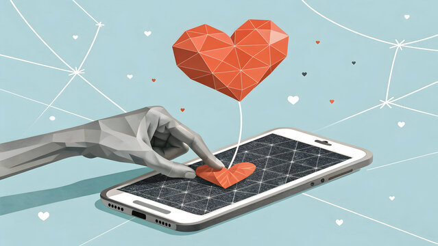 A digital hand interacts with a smartphone, touching a heart symbol, representing online dating, social media engagement, and the digital expression of love and connection