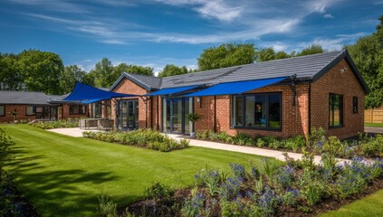 A brick residential care home in the UK, surrounded by a well-groomed lawn and green bushes, is nestled in a suburban neighborhood with modern architecture, embodying the concept of community housing