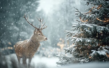 A deer is standing in the snow next to a Christmas tree