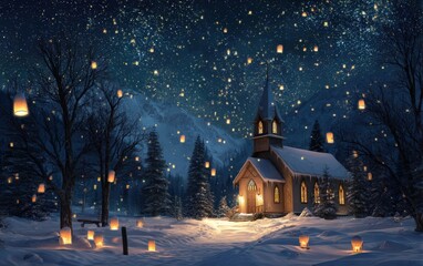 A church with a steeple and a small building with a light on the front