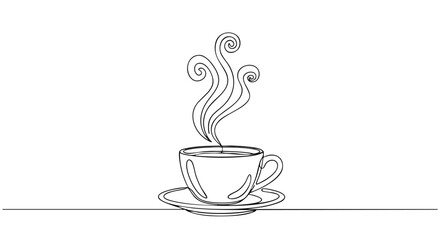 Continuous line art drawing of a steaming hot coffee cup on a saucer, minimalist black and white illustration.