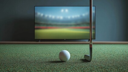 A golf club and ball sit on a green putting mat with a golf course displayed on a screen behind, representing an indoor golf practice experience that combines sport and technology for a fun virtual