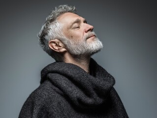 Obraz premium Peaceful mature man with grey beard and hair, eyes closed, head tilted back, embracing calm and serenity