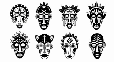 African tribal masks in black and white, cultural art.