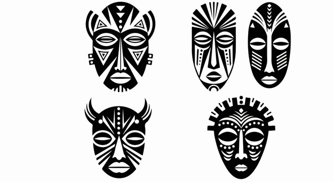 Collection of African tribal masks with geometric patterns.