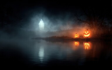 Fototapeta premium A dark forest with a ghost and two pumpkins